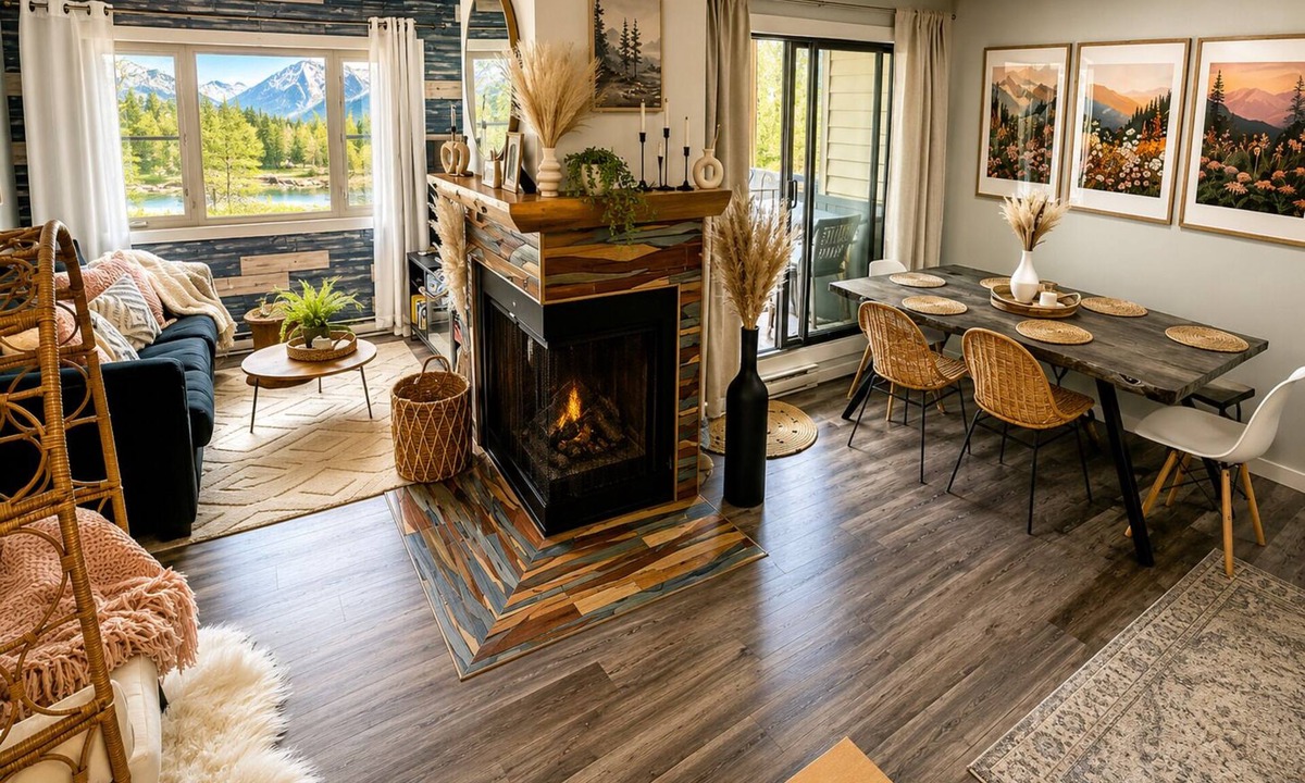 Panorama Condo | Boho theme, Ground floor patio with green space and creek view. 2 min to gondola