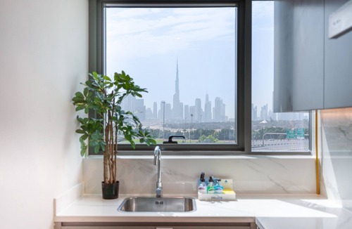 Jadaf Apartment | Balcony with Partial Creek Views and Glimpse of the Burj Khalifa