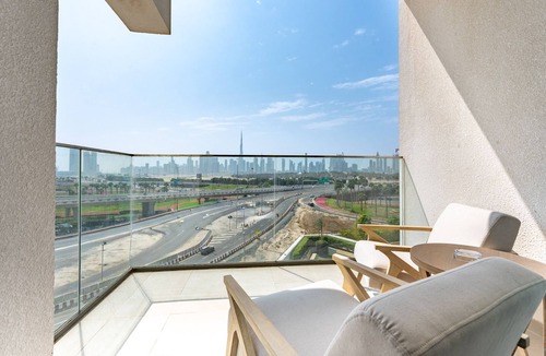 Jadaf Apartment | Balcony with Partial Creek Views and Glimpse of the Burj Khalifa