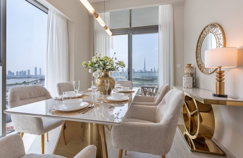 Jadaf Apartment | Balcony with Partial Creek Views and Glimpse of the Burj Khalifa