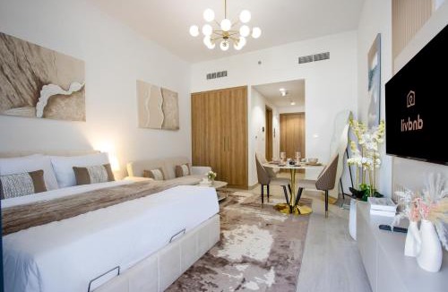 Nad Al Sheba Apartment | Riviera Living, Redefined - Stylish Studio with Pool and Balcony