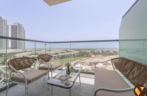 Dubai Apartment | Vogue Vacation Homes, Damac Hills Golf Gate near First Avenue Mall, Two Bedroom Apartment with Balcony and Vibrant Community View, Access to all Amenities