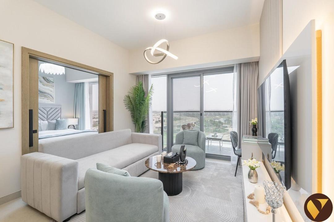 Dubai Apartment | Vogue Vacation Homes, Damac Hills Golf Gate near First Avenue Mall, Two Bedroom Apartment with Balcony and Vibrant Community View, Access to all Amenities